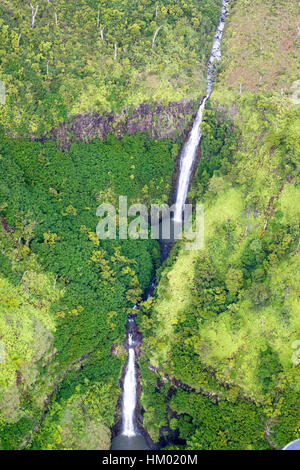Aerial view of waterfalls in the moutains in Kauai, Hawaii, USA.