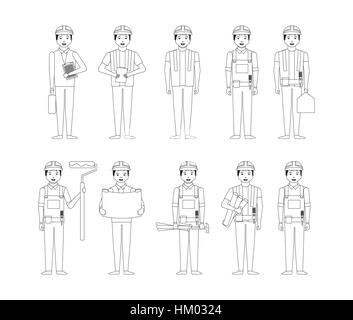 construction workers with tools and safety helmet over white background. under construction concept.  vector illustration Stock Vector