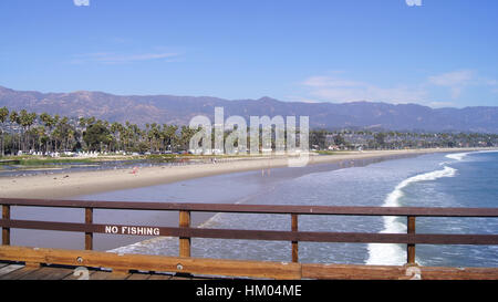 SANTA BARBARA, CALIFORNIA, USA - OCT 8th, 2014: View of palm trees on the shore and mountains from Stearn's Wharf Stock Photo