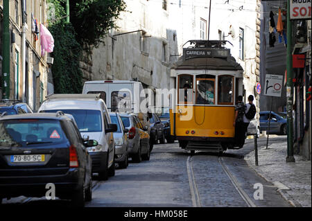 Tramway in Calcada de Santo Andre, Alfama, Lisboa, Lisbon, Portugal Stock Photo