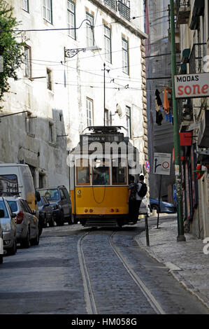 Tramway in Calcada de Santo Andre, Alfama, Lisboa, Lisbon, Portugal Stock Photo