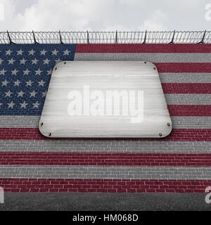 United States wall blank sign as an american border concept as a security barricade with a flag of the United States as a customs and country boundary Stock Photo