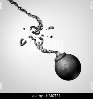 Chaos and risk business concept as a broken chain holding a falling dangerous wrecking ball as a volatility metaphor for erratic unpredictable. Stock Photo