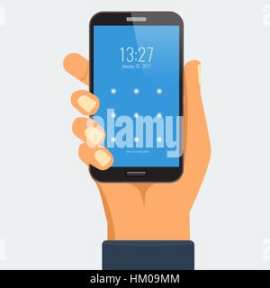Mobile phone in hand. Hand holding smartphone. Phone with lock screen Stock Vector