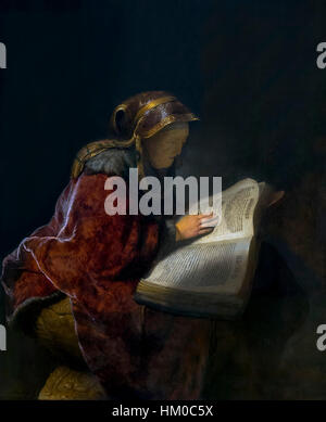 Old Woman Reading, probably the Prophetess Hannah, by Rembrandt, 1631, oil on panel, Rijksmuseum, Amsterdam, Netherlands, Europe, Stock Photo