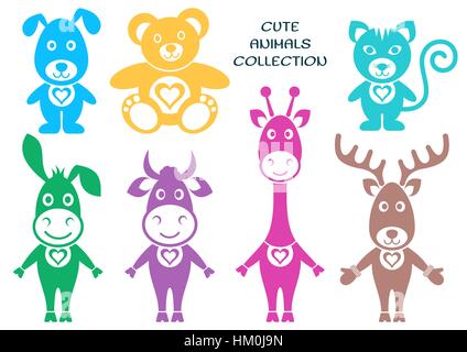 Cute colorful vector animals silhouette icons with heart Stock Vector
