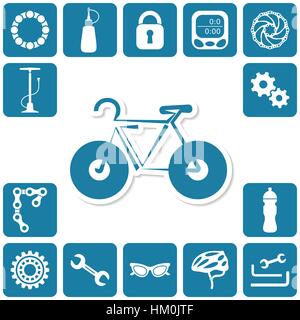 Collection of bicycle accessories in turquoise rounded squares Stock Vector