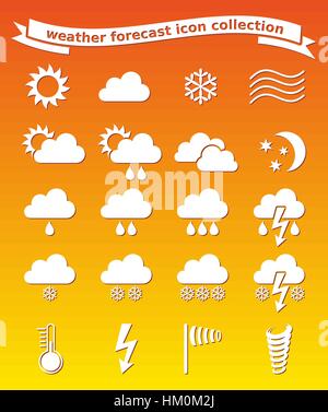 White vector weather icons collection on orange background Stock Vector