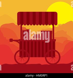 sunset background hot dogs food truck vector illustration Stock Vector