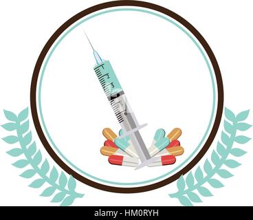 circular border with olive branch and Needle syringe and pills vector illustration Stock Vector
