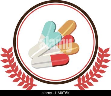 circular border with ornament leaves with colorful pills vector illustration Stock Vector