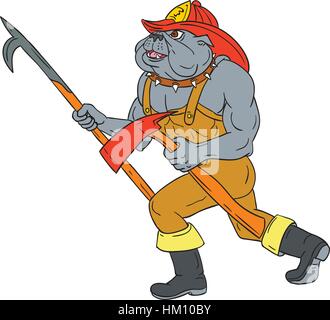 Drawing sketch style illustration of a bulldog firefighter fireman holding pike poke and fire axe walking viewed from the side on isolated white backg Stock Vector