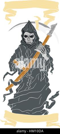 Drawing sketch style illustration of the grim reaper holding scythe viewed from front with scroll set on isolated white background. Stock Vector