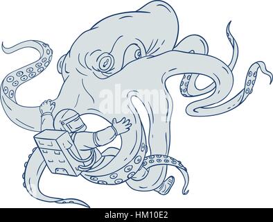 Drawing sketch style illustration of a giant octopus fighting an astronaut holding astronaut with it's tentacles set on isolated white background. Stock Vector