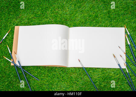 Paintbrushes with book on green grass Stock Photo