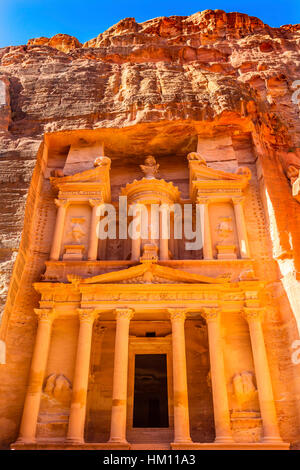 Yellow Golden Treasury Morning Siq Petra Jordan Petra Jordan.  Treasury built by the Nabataens in 100 BC. Yellow Canyon becomes rose red when sun goes Stock Photo