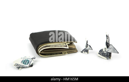Business concept : Dollar currency origami  rabbit and  turtle with old black wallet on the white background Stock Photo