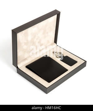 New black wallet and key case in box on white background Stock Photo