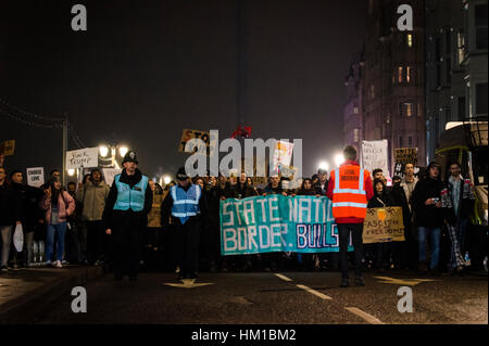 Brighton, UK. 30th January 2017. Anti-Trump protesters take to the streets after the ‘Emergency Demo against Trump’s #MuslimBan and UK complicity’ saw thousands of people attend a demonstration at Brighton Town Hall. Credit: Francesca Moore/Alamy Live News Stock Photo