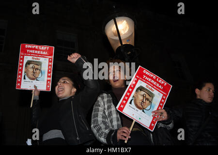 London, UK. 30th Jan, 2017. Protesters during a demonstration outside Downing Street, in opposition to Donald Trump's travel ban targeting seven predominantly Muslim countries. Credit: Jo Syz/Alamy Live News Stock Photo