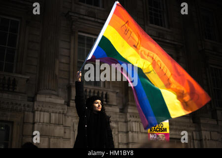 London, UK. 30th January, 2017. An Iranian women stands proud at the Refugees Welcome march in Westminster, London. Her flag reads 'An Iranian Gay not a Terrorist'. Credit: Zak Bond/Alamy Live News. Stock Photo