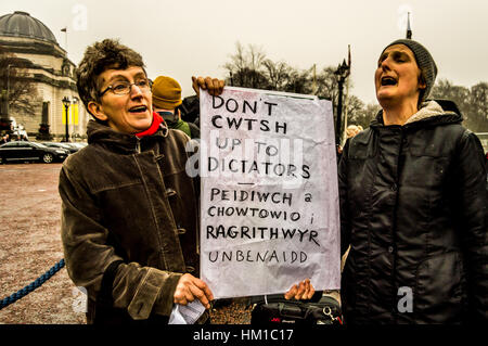 Cardiff, UK. 30th January, 2017. Protestors outside Cardiff City Hall as Prime Minister Theresa May chairs a JMC meeting. Prime Minister Theresa May met with First Minister of Wales Carwyn Jones and Nicola Sturgeon on the topic of Brexit. Credit: Jim Wood/Alamy Live News Stock Photo