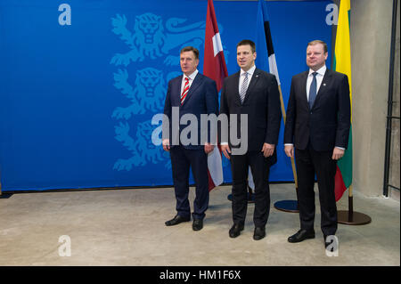 Tallinn, Estonia. 31th January 2017. Estonian Prime Minister Juri Ratas (C), Latvian Prime Minister Maris Kucinskis (L) and Lithuanian Prime Minister Saulius Skvernelis (R) pose for a family photo prior a meeting with the Baltic prime ministers. The three Baltic prime ministers meet today to discuss on regional security, energy and transport links, as well as the future of the European Union. Nicolas Bouvy/Alamy Live News Stock Photo