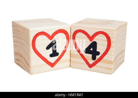 Valentine's day. Wooden cubes with handwritten number one and four inside red hearts. Isolated on a white background. Stock Photo