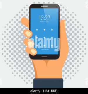 Mobile phone in hand. Hand holding smartphone. Phone with lock screen. Halftone background Stock Vector