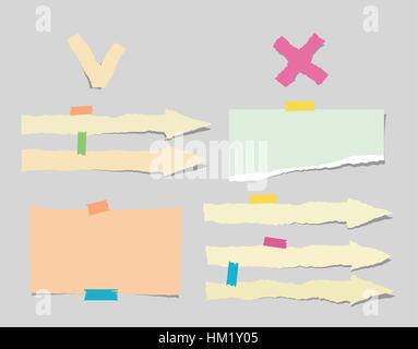 Torn colorful note, notebook, copybook paper sheets, arrow strips stuck on gray background Stock Vector