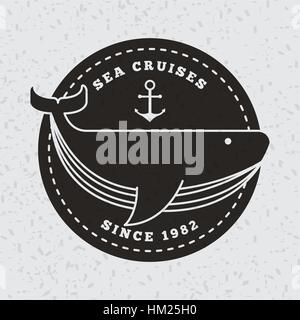 emblem with whale and anchor icon over white background. sea life and marine concept. vector illustration Stock Vector