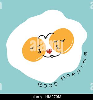 Fired eggs hug and kiss and good morning word cartoon vector illustration on blue background Stock Vector