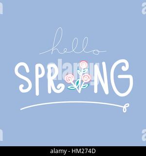 Hello spring word lettering illustration on blue background Stock Vector