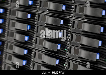 Closeup Of Hard Drives In Large SAN Storage Stock Photo