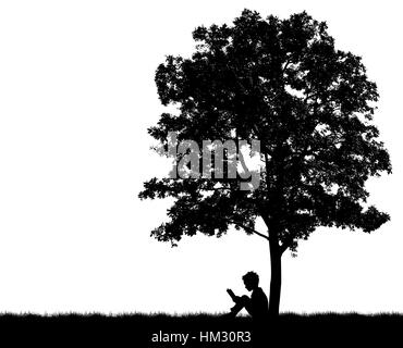 Silhouettes of children read book under tree Stock Photo - Alamy