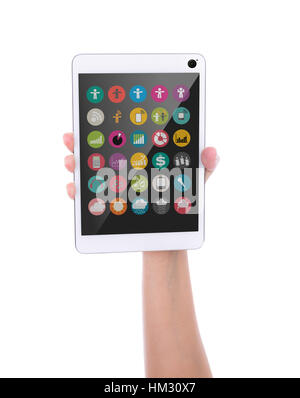 Hand holding touch screen device with colorful application icons against white background Stock Photo