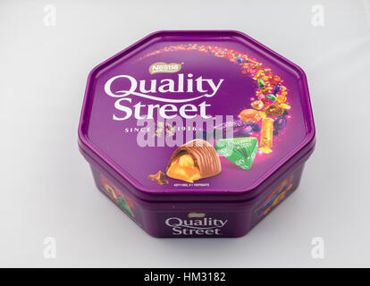 CHESTER, UK - JANUARY 28TH 2017: A close-up of the Nestle Quality Street tub with lid on Stock Photo