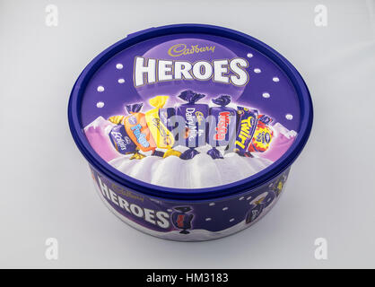 CHESTER, UK - JANUARY 28TH 2017: A close-up of the Cadbury Heroes tub with lid on