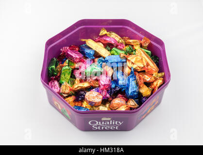 CHESTER, UK - JANUARY 28TH 2017: A close-up of the Nestle Quality Street tub with lid off Stock Photo