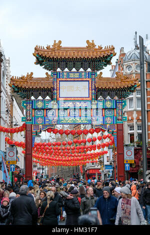 Chinese arch with red lanterns in London's Chinatown on Chinese New Year 2017 (year of the rooster) Stock Photo