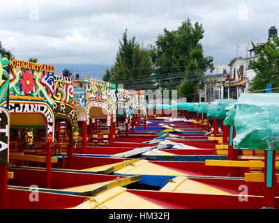 Xochimilco, Mexico City, Mexico, Two months before a fissure drained the water out of the canals. Boats lined up, ready for visitors. Stock Photo