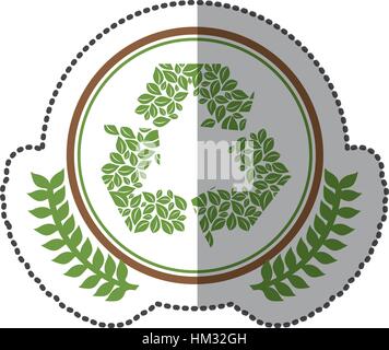 middle shadow sticker colorful with olive crown with ornament leaves recycling symbol in circle vector illustration Stock Vector