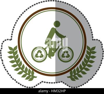 middle shadow sticker colorful with olive crown with man in bike with recycling symbol in circle vector illustration Stock Vector