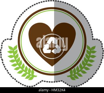 middle shadow sticker colorful with olive crown with heart with recycled symbol in circle vector illustration Stock Vector