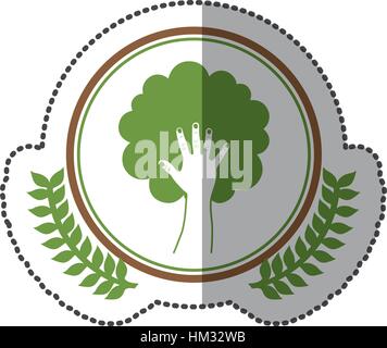 middle shadow sticker colorful with olive crown with hand in shape of tree in circle vector illustration Stock Vector