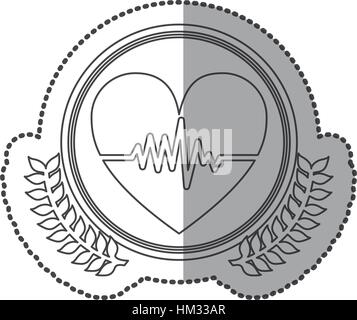 middle shadow sticker monochrome with olive crown with heart with line of vital sign in circle vector illustration Stock Vector