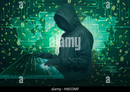 Hacker man wearing anonymous mask stealing data using virtual keyboard with binary code in background Stock Photo