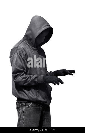 Hacker typing something while standing isolated against white background Stock Photo