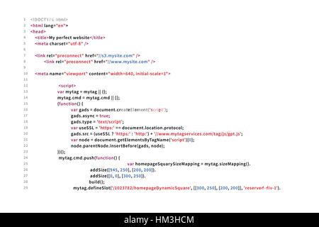 Simple website HTML code with colourful tags in browser view on dark ...
