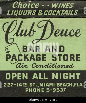 Match book advertisement image for Mac's Club Deuce, a dive bar known as the oldest bar in Miami, with text reading 'Choice Wines, Liquors and Cocktails, Club Deuce, Bar and Package Store, Air Conditioned, Open All Night', Miami Beach, Florida, 1970. Stock Photo